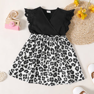 Toddler Girl Leopard Print Splice Surplice Neck Lace Flutter-sleeve Dress