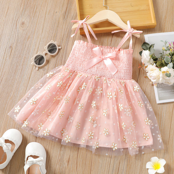 Toddler Girl Floral Glitter Bowknot Design Smocked Mesh Cami Dress