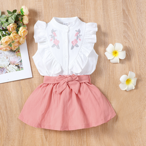 2-piece Toddler Girl Floral Embroidered Ruffled Sleeveless White Tee and Belted Pink Skirt Set