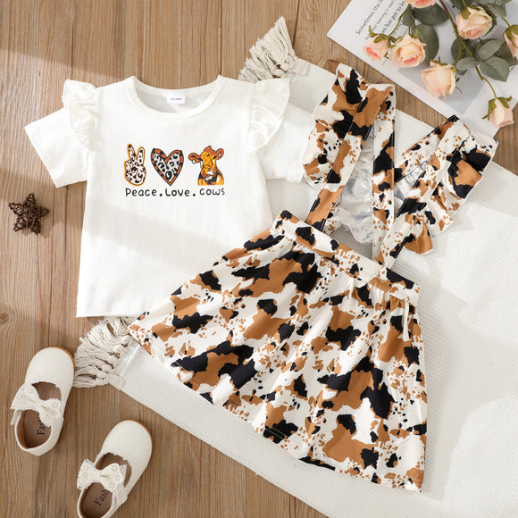 2-piece Toddler Girl Letter Animal Print Ruffled Short-sleeve Tee and Leopard Print Suspender Skirt Set