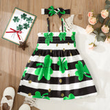 St. Patricks Day 2-piece Toddler Girl Shamrock Print RainbowStriped Smocked Cami Dress and Headband Set