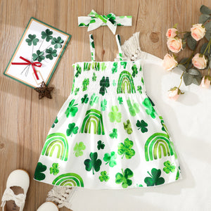 St. Patricks Day 2-piece Toddler Girl Shamrock Print RainbowStriped Smocked Cami Dress and Headband Set