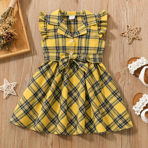 Toddler Girl Yellow Plaid Notched Collar Button Design Belted Ruffled Sleeveless Dress