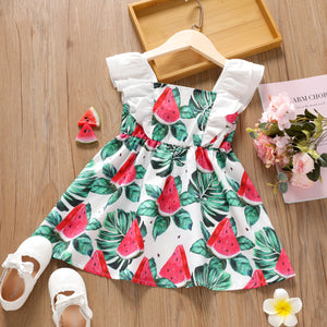 Toddler Girl Watermelon Print Ruffled Square Neck Sleeveless Dress