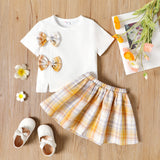 2pcs Toddler Girl Bowknot Design Side Slit Short-sleeve White Tee and Plaid Skirt Set