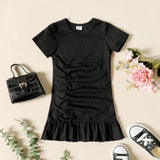 Toddler Girl Ruched Ribbed Solid Color Ruffled Hem Short-sleeve Dress