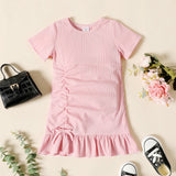 Toddler Girl Ruched Ribbed Solid Color Ruffled Hem Short-sleeve Dress