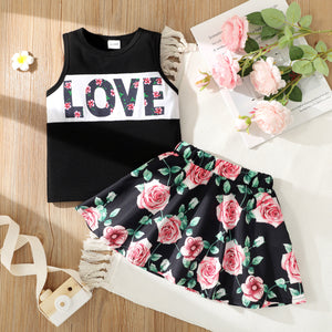 2-piece Toddler Girl Letter Print Colorblock Tank Top and Floral Print Skirt Set