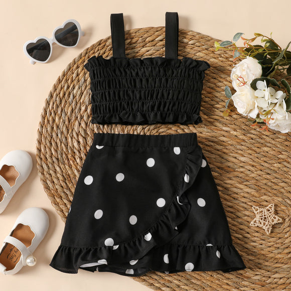 2pcs Toddler Girl Smocked Black Camisole and Polka dots Wrap Skirt Set