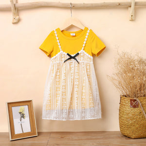 2pcs Toddler Girl Short-sleeve Ginger Tee and Bowknot Lace Design Overall Dress Set