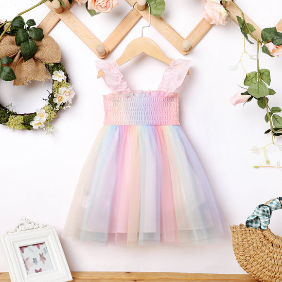 Toddler Girl Gradient Color Ruffled Smocked Mesh Strap Dress