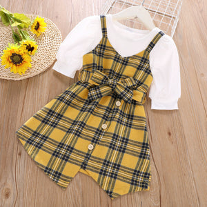 Toddler Girl Faux-two Plaid Button Design Belted Irregular Puff-sleeve Dress