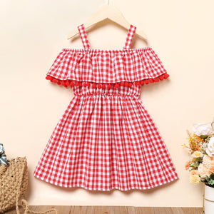 Toddler Girl Plaid Print Off Shoulder Flounce and Pompon Decor Short-sleeve Dress