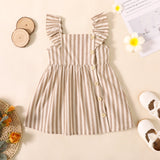 Toddler Girl Button Design Solid ColorFloral PrintStripe Ruffled Strap Dress