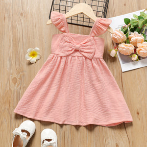 Toddler Girl 100% Cotton Solid Color Bowknot Design Ruffled Strap Dress