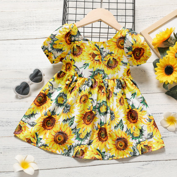 Toddler Girl Floral Sunflower Print Backless Crisscross Short-sleeve Dress