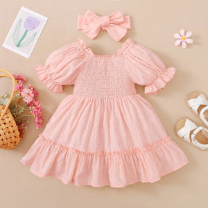 2pcs Toddler Girl 100% Cotton Ruffled Off Shoulder Smocked Dotted Swiss Puff-sleeve Pink Dress and Headband Set