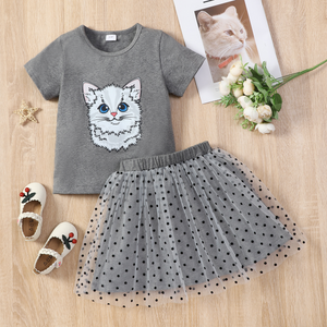 2pcs Toddler Girl Cat Kitty Print Short-sleeve Grey Tee and Polka dots Mesh Skirt Set