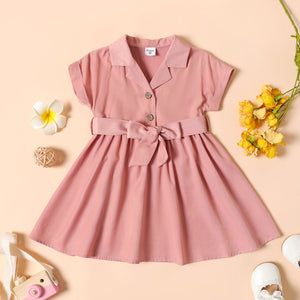 Toddler Girl Solid Color Notched Collar Button Design Belted Short-sleeve Dress