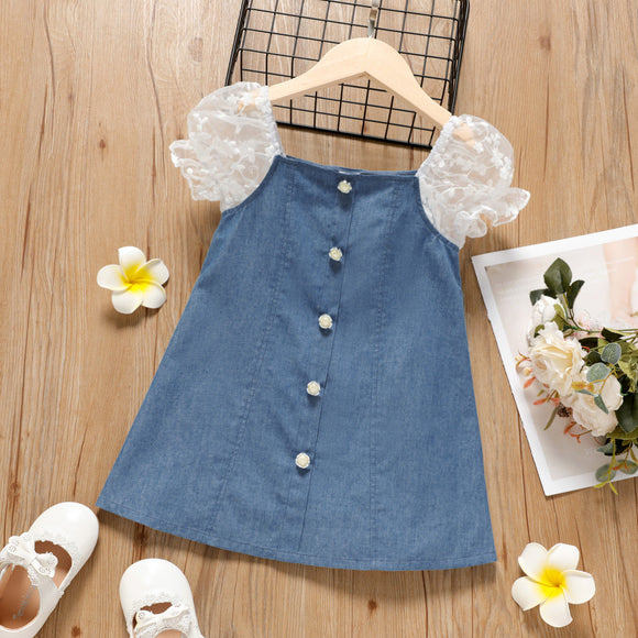 Toddler Girl Square Neck Mesh Short-sleeve Button Design Denim Dress