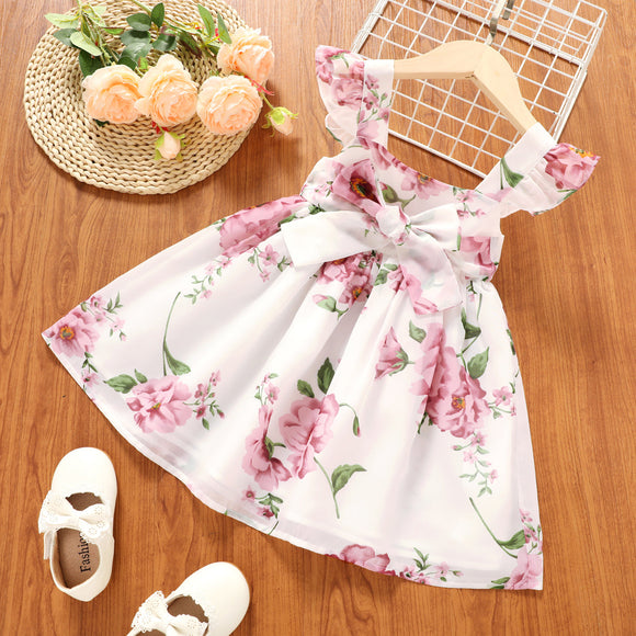 Toddler Girl Floral Print Bowknot Design Ruffled Strap Dress