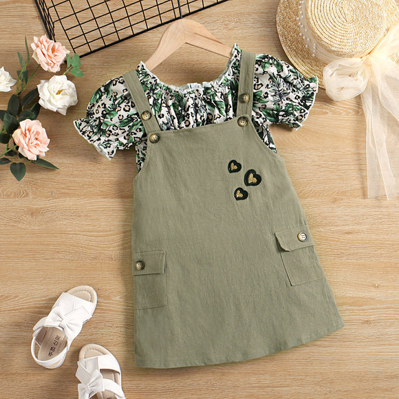 2pcs Toddler Girl Floral Print Ruffled Short-sleeve Top and Leopard Print Overall Dress Set