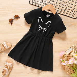 Toddler Girl Cat Print Short-sleeve Black Dress