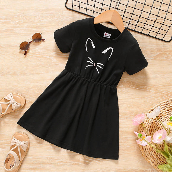 Toddler Girl Cat Print Short-sleeve Black Dress