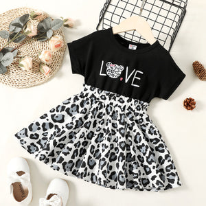 Toddler Girl Letter Leopard Print Splice Short-sleeve Dress