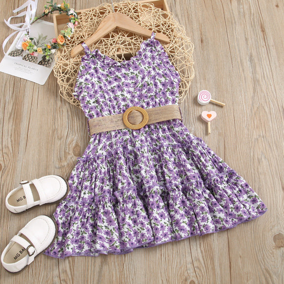 Toddler Girl Floral Print Ruffled Belted Purple Slip Dress