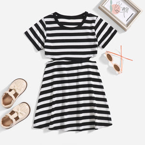 Toddler Girl Stripe Wasit Cut Out Short-sleeve Dress