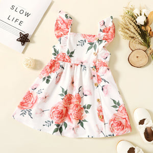 Toddler Girl Floral Print Button Design Ruffled Sleeveless Dress