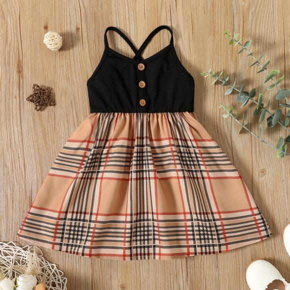 Toddler Girl Button Design Plaid Splice Crisscross Cami Dress