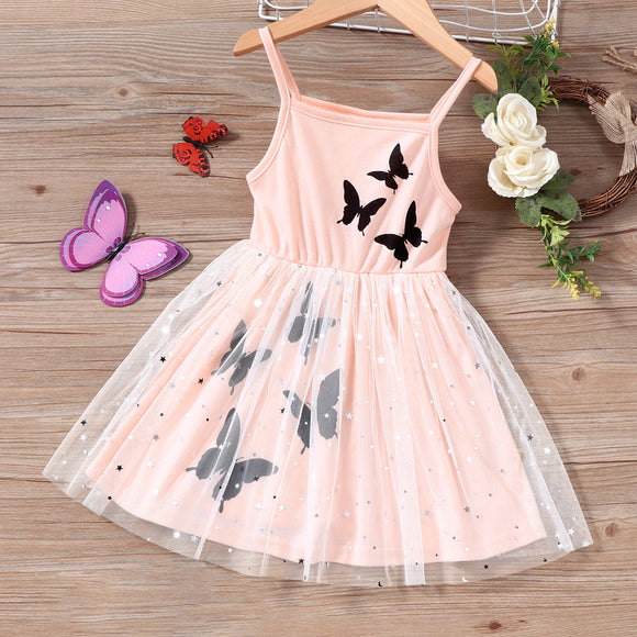 Toddler Girl Butterfly Print Stars Glitter Design Mesh Pink Slip Dress