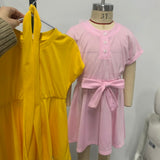 Toddler Girl Solid Color Button Design Belted Short-sleeve Dress