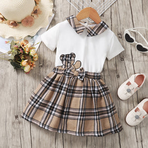 2pcs Toddler Girl Doll Collar Bear Print Short-sleeve Tee and Bowknot Design Plaid Skirt Set