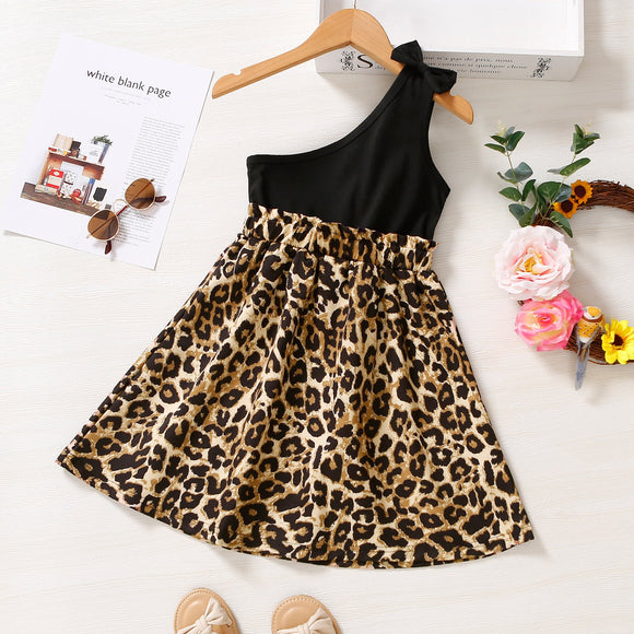 Toddler Girl One Shoulder Bowknot Design Leopard Print Splice