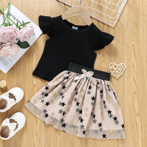 2pcs Toddler Girl Flutter-sleeve Black Tee and Stars Glitter Bowknot Design Mesh Skirt Set