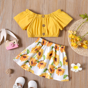 2pcs Toddler Girl Button Design Off Shoulder Ginger Short-sleeve Tee and Floral Print Skirt Set