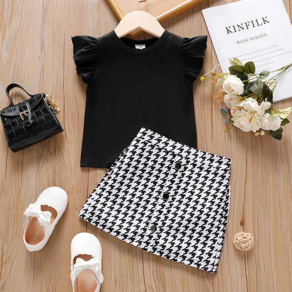 2pcs Toddler Girl Ruffled Sleeveless Black Tee and Button Design Plaid Print Skirt Set