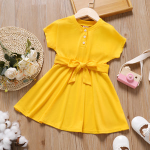 Toddler Girl Solid Color Button Design Belted Short-sleeve Dress