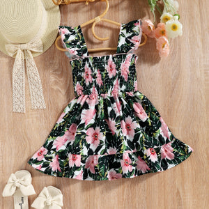 Toddler Girl Floral Print Smocked Ruffled Strap Dress