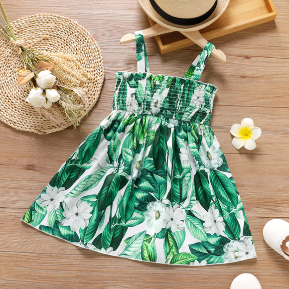 Toddler Girl Floral Print Smocked Green Cami Dress