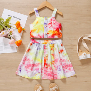 2pcs Toddler Girl Tie Dyed Button Design Camisole and Skirt Set