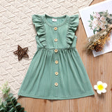 Toddler Girl Solid White Green Button Design Ruffled Sleeveless Dress