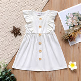 Toddler Girl Solid White Green Button Design Ruffled Sleeveless Dress