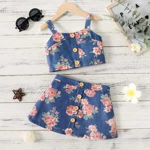 2pcs Toddler Girl Floral Print Button Design Denim Camisole and Skirt Set