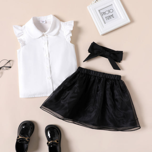 3pcs Toddler Girl Doll Collar Flutter-sleeve White Blousr  Black Mesh Skirt and Headband Set