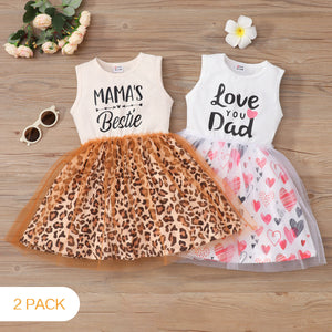 Toddler Girl Letter LeopardHeart Print Mesh Design Sleeveless Dress