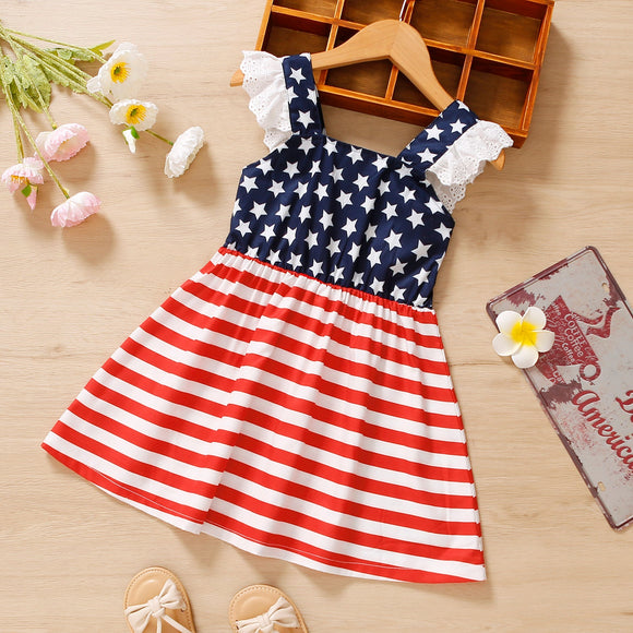 Independence Day Toddler Girl Ruffled Bowknot Design Strap Dress